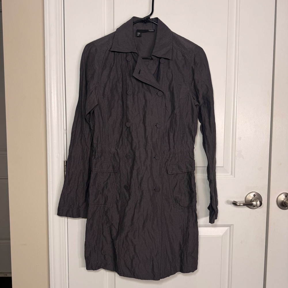 Eileen Fisher Metallic Cotton Blend Trench Coat Gray Duster Jacket XS